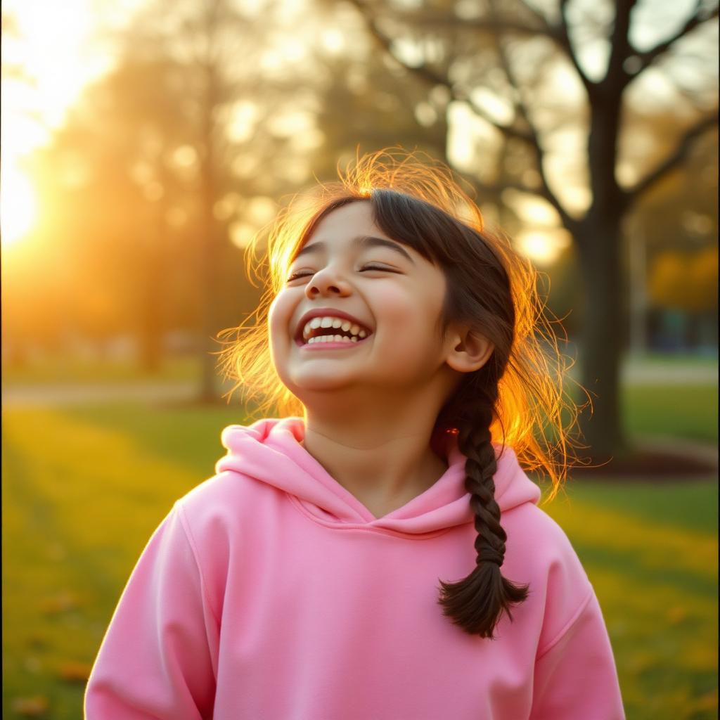 Kaeya laughing in a pink hoodie at golden hour