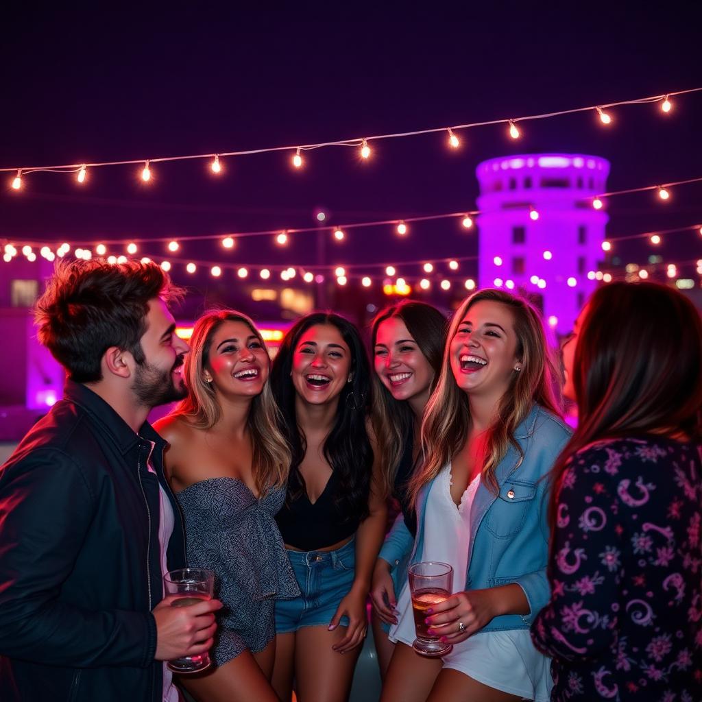 Friends together under fairy lights at a party