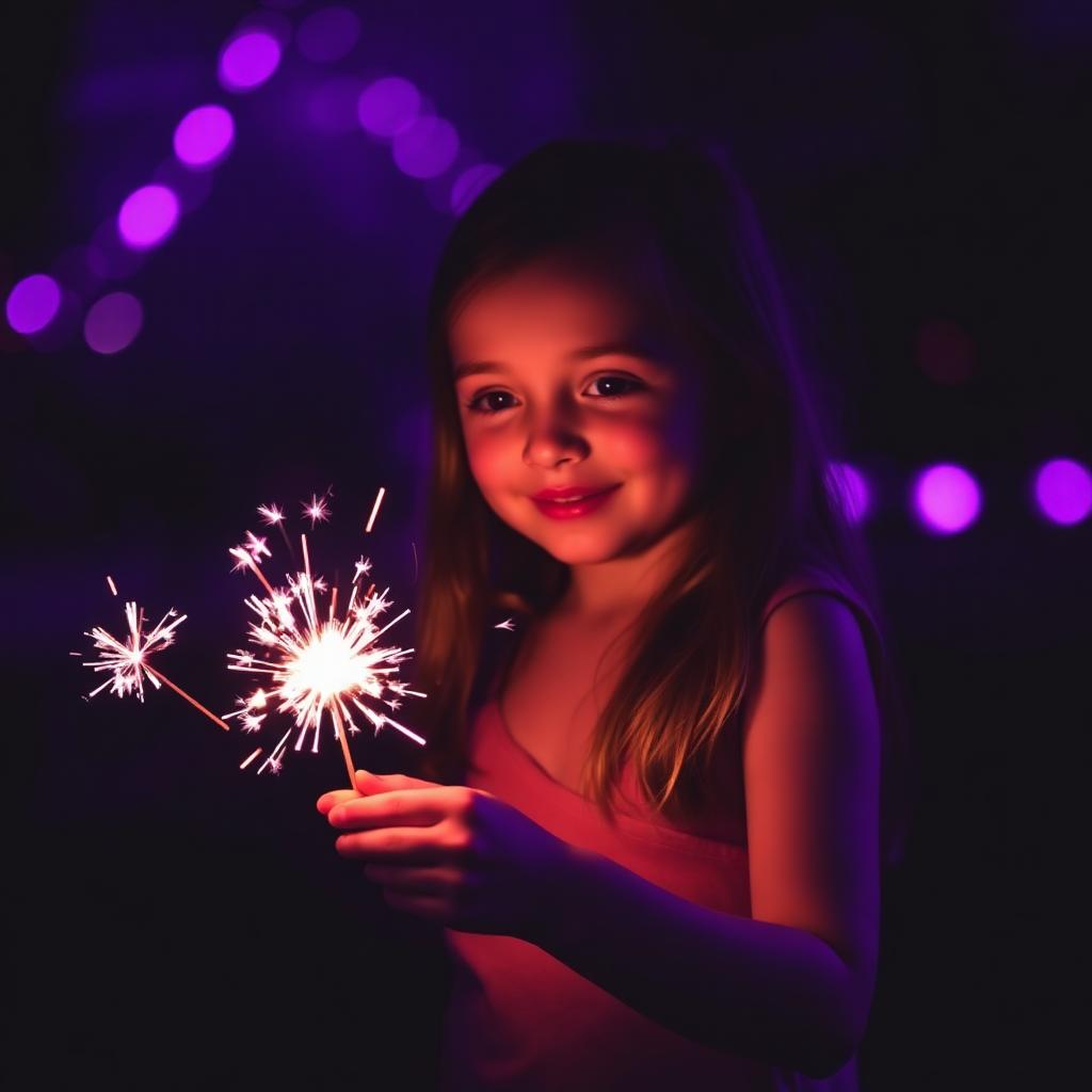 Holding sparklers at night in purple light